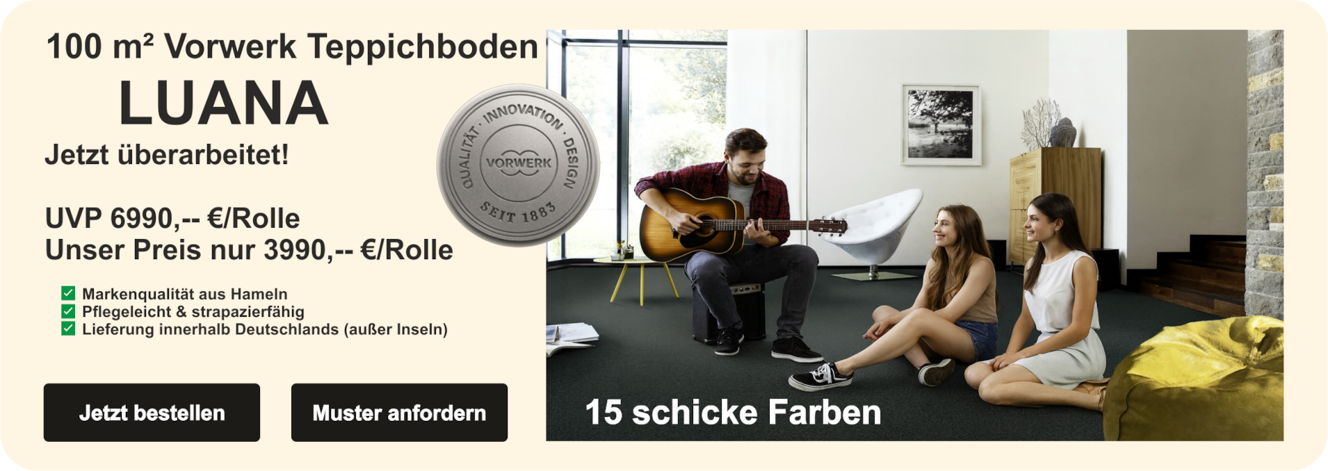 Vorwerk Luana Teppichboden – 100 m² Großrolle mit weicher Struktur für wohnliche Raumharmonie, direkt ab Werk Hameln
